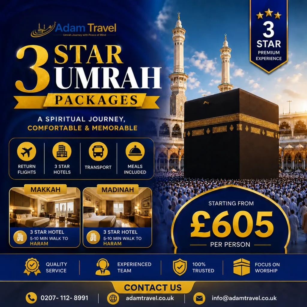 3 star umrah packages from UK - Adam Travel
