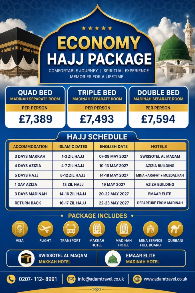 Economy hajj packages 2027 from UK - Adam Travel